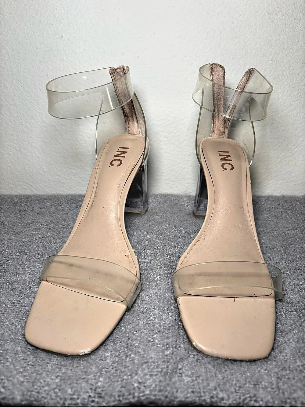 INC Clear Strap Block Heel Sandals in Beige